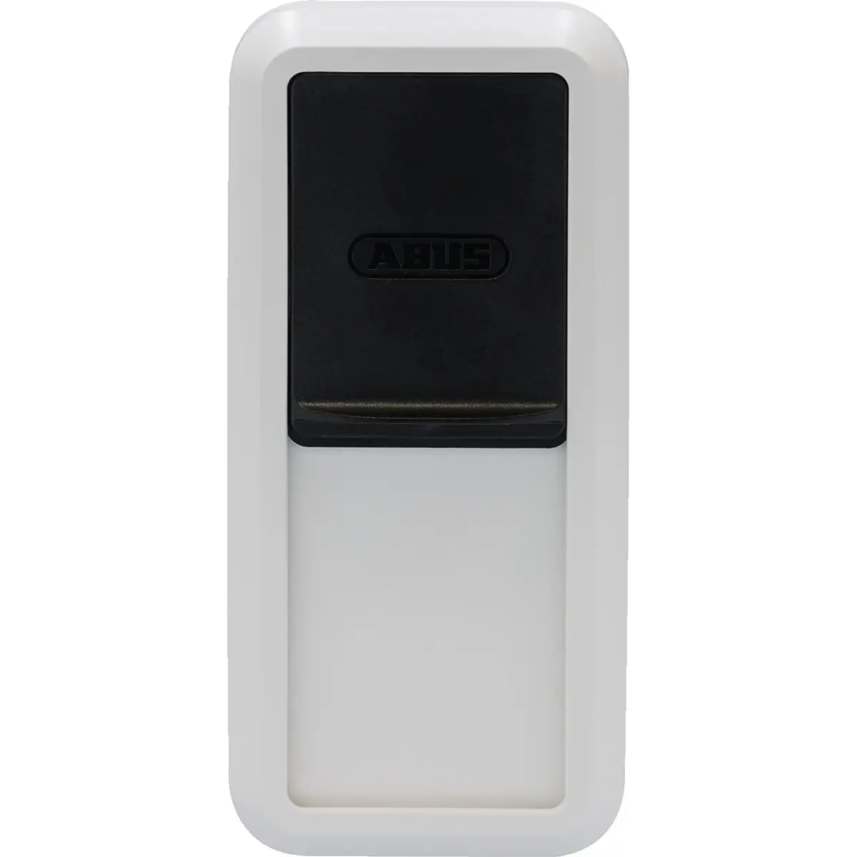 Rechteckiger ABUS HomeTec Pro CFS3100 Bluetooth-Fingerabdruckscanner in Silber, mit einer eleganten schwarzen Oberseite und einem weißen Gehäuse, abgebildet vor einem schlichten weißen Hintergrund – ideal für die nahtlose Integration in das ABUS HomeTec Pro-System oder zur Aufrüstung Ihres Sicherheitssystems auf einen bequemen, schlüssellosen Zugang mittels Fingerabdrucktechnologie.