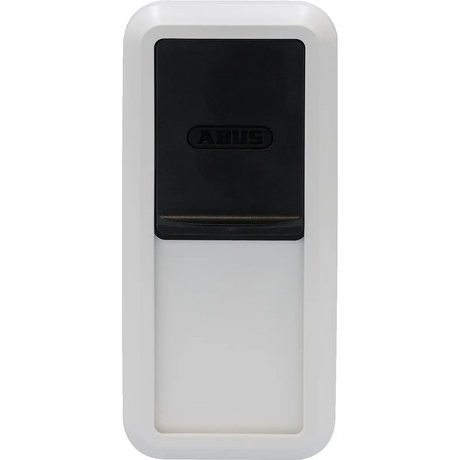 Rechteckiger ABUS HomeTec Pro CFS3100 Bluetooth-Fingerabdruckscanner in Silber, mit einer eleganten schwarzen Oberseite und einem weißen Gehäuse, abgebildet vor einem schlichten weißen Hintergrund – ideal für die nahtlose Integration in das ABUS HomeTec Pro-System oder zur Aufrüstung Ihres Sicherheitssystems auf einen bequemen, schlüssellosen Zugang mittels Fingerabdrucktechnologie.