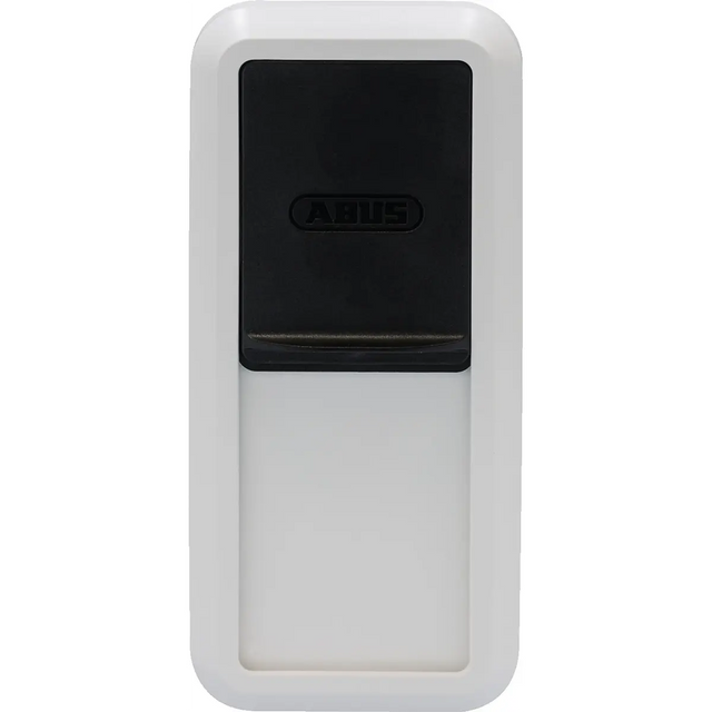 Rechteckiger ABUS HomeTec Pro CFS3100 Bluetooth-Fingerabdruckscanner in Silber, mit einer eleganten schwarzen Oberseite und einem weißen Gehäuse, abgebildet vor einem schlichten weißen Hintergrund – ideal für die nahtlose Integration in das ABUS HomeTec Pro-System oder zur Aufrüstung Ihres Sicherheitssystems auf einen bequemen, schlüssellosen Zugang mittels Fingerabdrucktechnologie.
