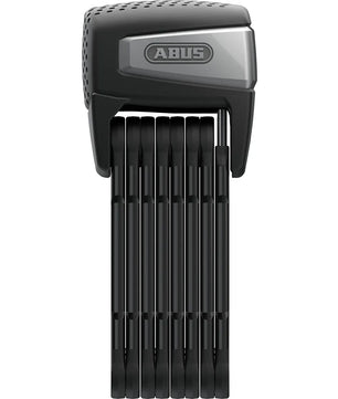 Das ABUS Bordo 6500A/110 Faltschloss in schwarz, von ABUS, senkrecht aufgeklappt mit einem grauen und schwarzen Gehäuse oben.