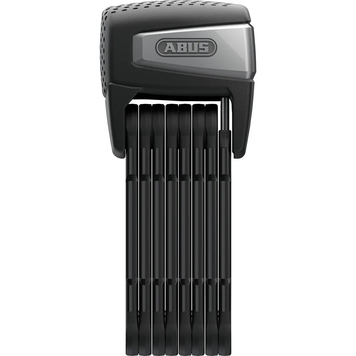 Das ABUS Bordo 6500A/110 Faltschloss in schwarz, von ABUS, senkrecht aufgeklappt mit einem grauen und schwarzen Gehäuse oben.