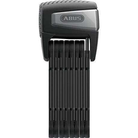 Das ABUS Bordo 6500A/110 Faltschloss in schwarz, von ABUS, senkrecht aufgeklappt mit einem grauen und schwarzen Gehäuse oben.