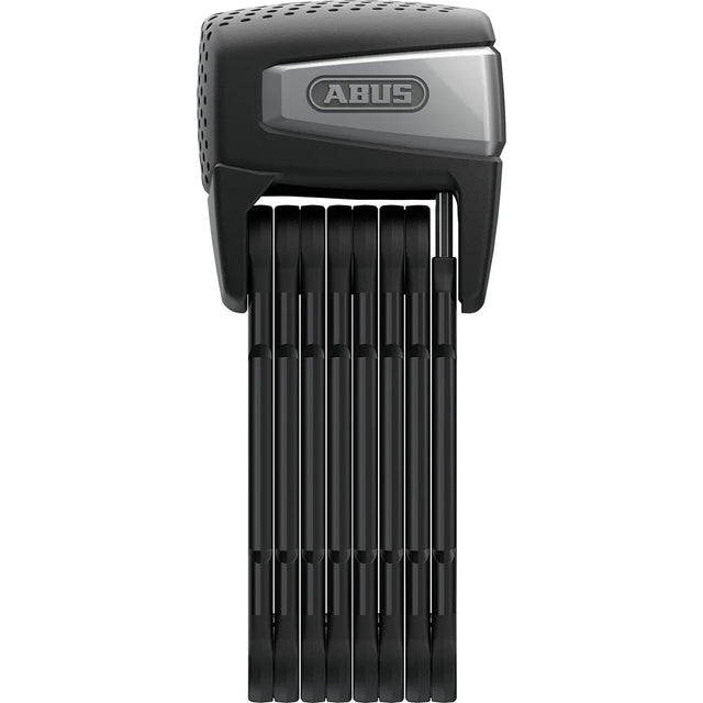 Das ABUS Bordo 6500A/110 Faltschloss in schwarz, von ABUS, senkrecht aufgeklappt mit einem grauen und schwarzen Gehäuse oben.