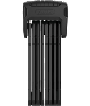 Das ABUS Bordo Granit XPlus 6500K/120 Faltschloss in Schwarz von ABUS wird voll ausgefahren mit mehreren Metallstäben auf weißem Hintergrund dargestellt.
