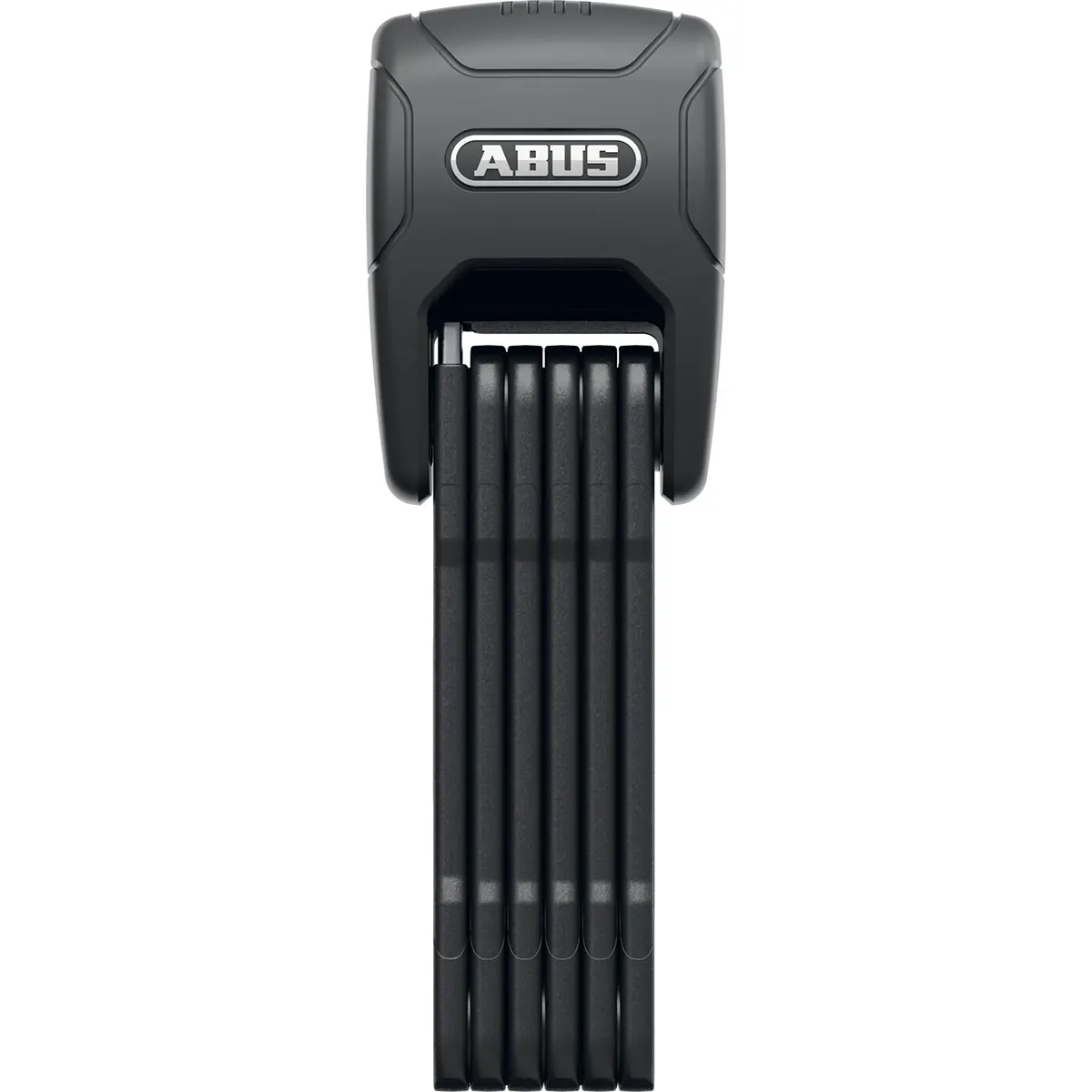 Vorderansicht des ABUS BORDO GRANIT XPlus 6500KA Faltschloss – schwarz von ABUS im geschlossenen Zustand, wobei die Segmente vertikal übereinander liegen. Dieses hochsichere Faltschloss mit Alarm bietet robusten Schutz und ein innovatives Design für Ihr Fahrrad.
