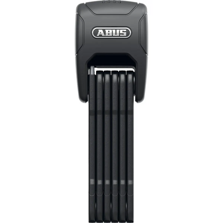 Vorderansicht des ABUS BORDO GRANIT XPlus 6500KA Faltschloss – schwarz von ABUS im geschlossenen Zustand, wobei die Segmente vertikal übereinander liegen. Dieses hochsichere Faltschloss mit Alarm bietet robusten Schutz und ein innovatives Design für Ihr Fahrrad.