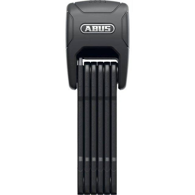 Vorderansicht des ABUS BORDO GRANIT XPlus 6500KA Faltschloss – schwarz von ABUS im geschlossenen Zustand, wobei die Segmente vertikal übereinander liegen. Dieses hochsichere Faltschloss mit Alarm bietet robusten Schutz und ein innovatives Design für Ihr Fahrrad.