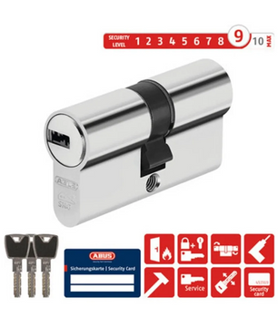 ABUS XP20S Türzylinder Schloss - silber von ABUS enthält drei Schlüssel, eine Sicherheitskarte und bietet Not- und Gefahrenfunktion für zusätzliche Sicherheit. Die Icons sind unten abgebildet.