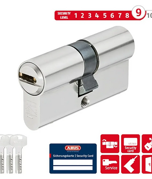 Der ABUS XD25 40/40 Profilzylinder in Silber ist mit drei Wendeschlüsseln und Sicherheitskarten ausgestattet und verfügt über eine hohe Sicherheitsstufe von 9/10.
