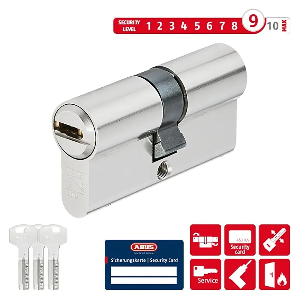 Der ABUS XD25 40/40 Profilzylinder in Silber ist mit drei Wendeschlüsseln und Sicherheitskarten ausgestattet und verfügt über eine hohe Sicherheitsstufe von 9/10.
