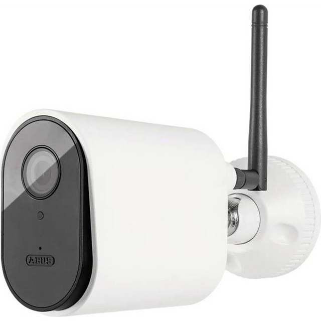 Die ABUS PPIC44520 WLAN-Außenkamera – weiß ist eine weiße Überwachungskamera von ABUS mit schwarzer Vorderseite, Wandhalterung und einer oben angebrachten Antenne. Diese Kamera verfügt zudem über Infrarot-Nachtsicht für eine klare Überwachung auch bei Nacht.