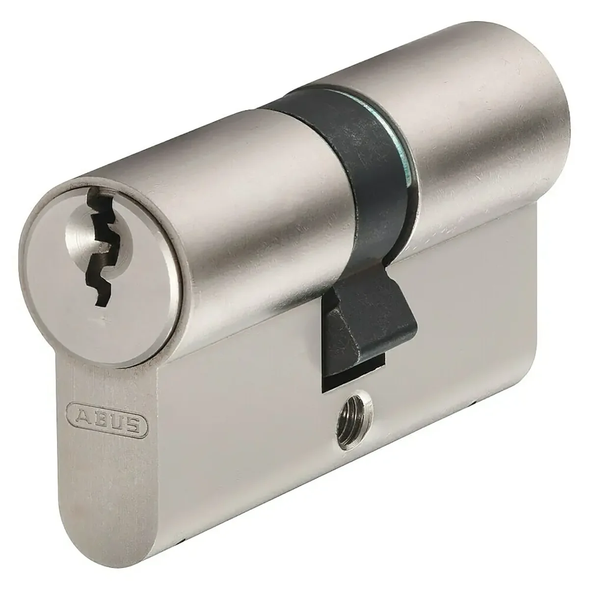 Der ABUS E30NP 40/55 Profilzylinder in Silber ist schräg vor weißem Hintergrund abgebildet. Dieser Türzylinder bietet zusätzliche Sicherheit mit Not- und Gefahrenfunktion.