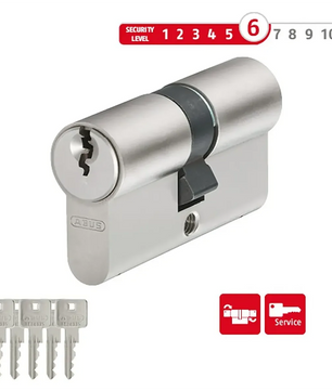 Das silberne ABUS E30NP 40/55 Profilzylinder-Türschloss verfügt über drei Schlüssel, Notfunktion, Sicherheitsstufe 6/10 sowie Briefkasten- und Servicesymbole.