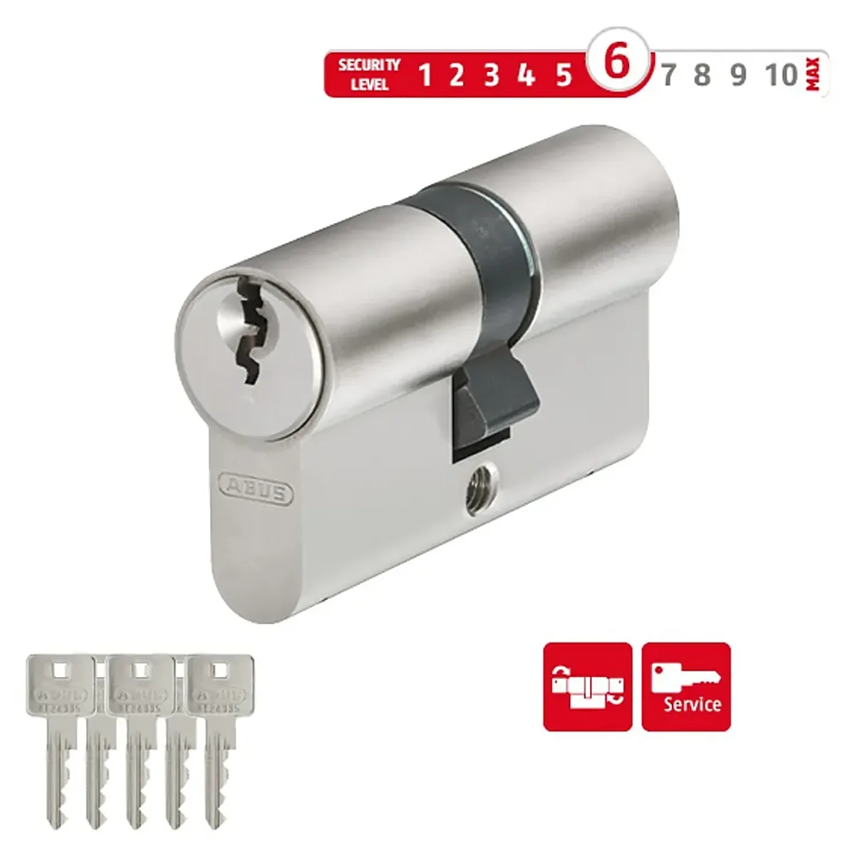 Das silberne ABUS E30NP 40/55 Profilzylinder-Türschloss verfügt über drei Schlüssel, Notfunktion, Sicherheitsstufe 6/10 sowie Briefkasten- und Servicesymbole.
