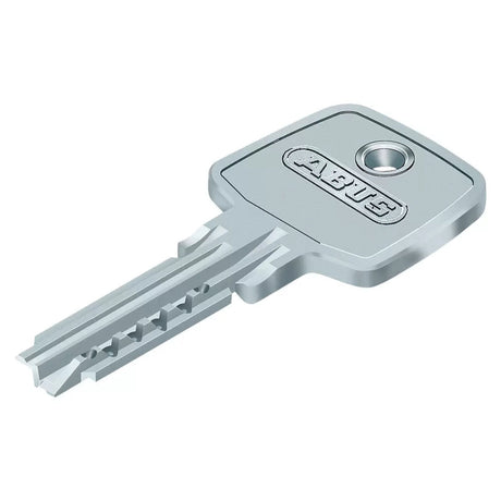 Ein silberner ABUS-Schlüssel mit einem rechteckigen Kopf und Rillen, entworfen für den Abus D6X 50/60 Profilzylinder - silber.