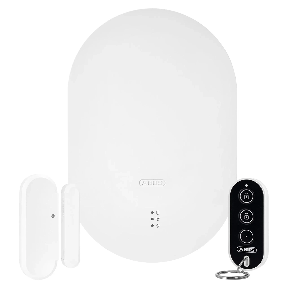 Das ABUS Smartvest Pro Starter-Set Alarmanlage – weiß ist ein weißes Hausalarm-Set von ABUS, bestehend aus einer Zentraleinheit, einem Türsensor und einer schwarzen Fernbedienung. Diese moderne Funk-Alarmanlage eignet sich ideal für den intelligenten Einbruchschutz (smarte Einbruchabsicherung) und bietet zuverlässige Sicherheit für Ihr Zuhause.