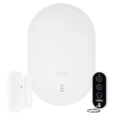 Das ABUS Smartvest Pro Starter-Set Alarmanlage – weiß ist ein weißes Hausalarm-Set von ABUS, bestehend aus einer Zentraleinheit, einem Türsensor und einer schwarzen Fernbedienung. Diese moderne Funk-Alarmanlage eignet sich ideal für den intelligenten Einbruchschutz (smarte Einbruchabsicherung) und bietet zuverlässige Sicherheit für Ihr Zuhause.