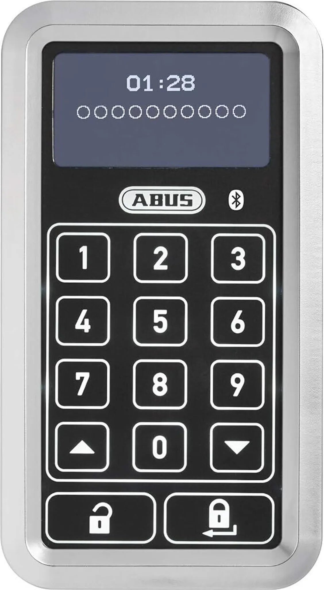 Die ABUS HomeTec Pro CFT3100 Bluetooth-Tastatur in silber verfügt über ein beleuchtetes Display mit Zahlen und Schlosstasten - perfekt für moderne Smart-Lock-Systeme und sichere elektronische Türzylinder-Lösungen.