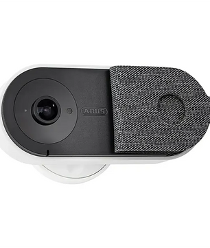 Weiße ABUS Privacy-Innenkamera mit einer strukturierten grauen Objektivabdeckung, die teilweise aufgeschoben ist – ideal für die Raumüberwachung als Überwachungskamera für den Innenbereich von ABUS.
