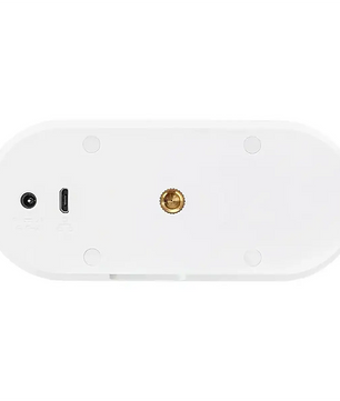 Der weiße, ovale Sockel der ABUS Privacy Innen-Kamera – weiß verfügt über einen USB-C-Anschluss, einen Stromeingang und eine zentrale Befestigungsgewindehalterung aus Messing – ideal für die sichere Montage Ihrer ABUS-Überwachungskamera für den Innenbereich zur optimalen Raumüberwachung.
