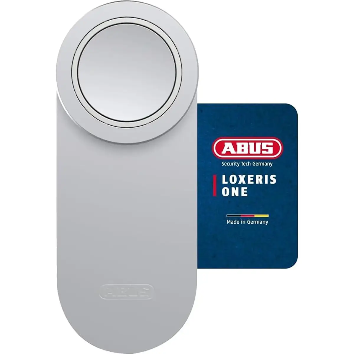 Der silberne ABUS LOXERIS One CFA4100S Türschlossantrieb von ABUS wird mit einer blauen Karte geliefert, auf der „ABUS Loxeris One Made in Germany“ steht.