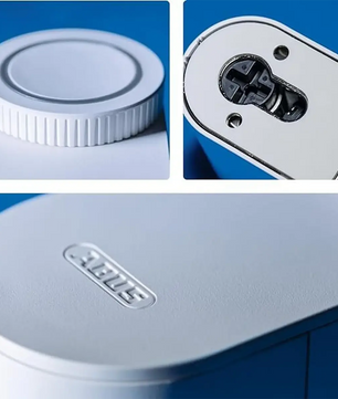 Nahaufnahmen des ABUS LOXERIS One CFA4100S Türschlossantriebs – silber – zeigen die Ober- und Unterseite sowie das markante ABUS-Logo auf seiner eleganten Oberfläche.