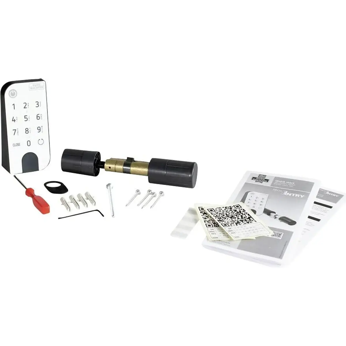 Das BURG-WÄCHTER secuENTRY Home 5001 PIN-Türschloss-Set in Weiß bietet eine komplette elektronische Türschlosslösung für den schlüssellosen Zugang und umfasst einen elektronischen Zylinder, Schrauben, Schraubendreher, Inbusschlüssel und Bedienungsanleitungen – alles, was Sie von BURG-WÄCHTER benötigen, auf weißem Hintergrund.