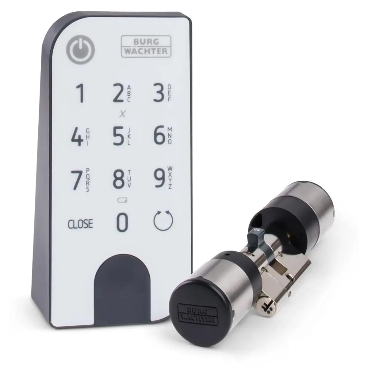 Das BURG-WÄCHTER secuENTRY easy 7601 PIN-Türschloss – silber und ein Zylinderschloss, beide der Marke BURG-WÄCHTER, sind auf weißem Hintergrund abgebildet. Dieses elektronische Türschloss bietet eine schlüssellose Zugangskontrolle für mehr Komfort und Sicherheit.