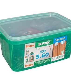 Das SPAX 5 × 60 mm Terrassenschrauben-Set – grün von SPAX wird in einer grünen Kunststoffbox mit durchsichtigem Deckel geliefert und enthält 500 langlebige Schrauben aus Edelstahl A2 – ideal für die sichere Befestigung von Terrassendielen.