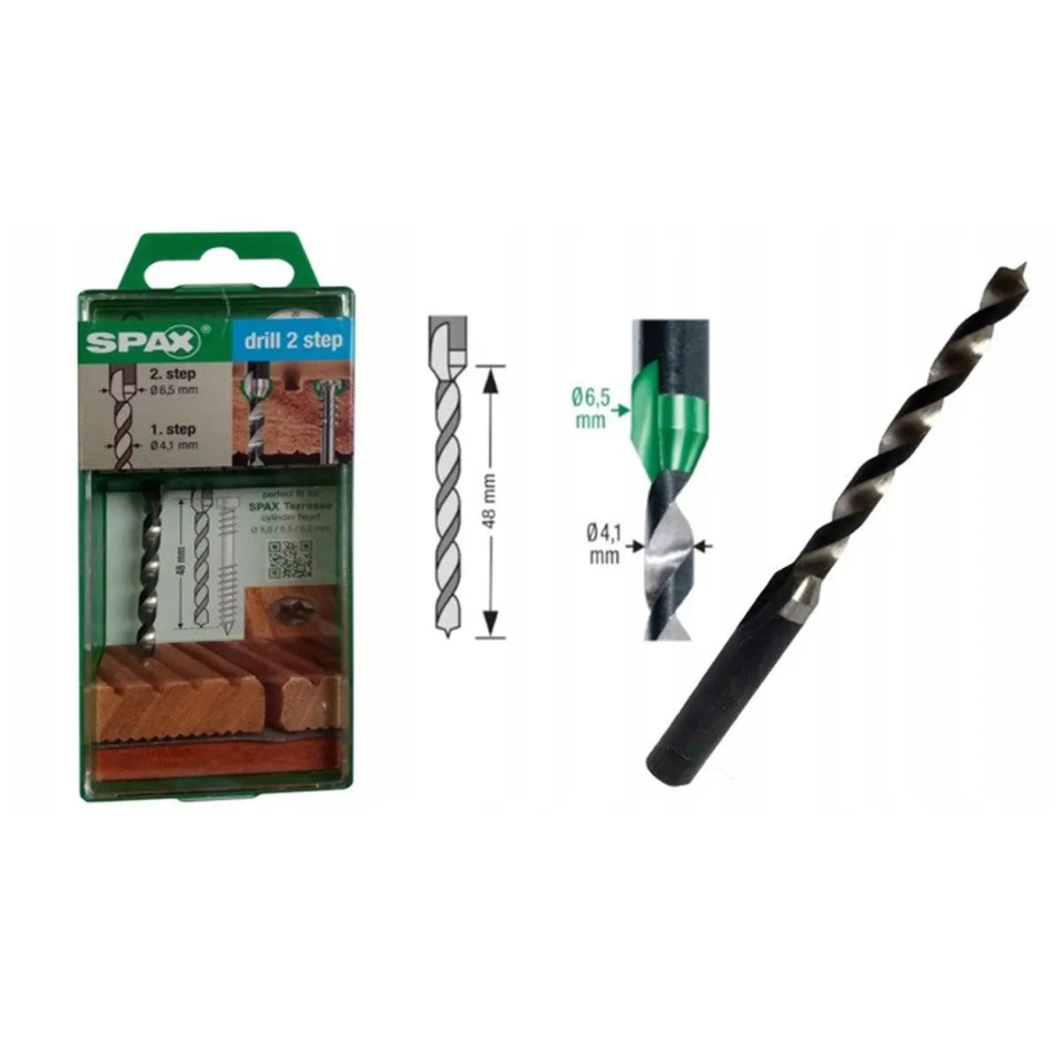 Das SPAX 5 × 60 mm Terrassenschrauben-Set – grün zeichnet sich durch eine übersichtliche Verpackung, einen hochwertigen Bohrer sowie eine detaillierte Abbildung aus, die die Maße und die Verwendung sowohl für Holz als auch für Mauerwerk veranschaulicht – ideal für die Verlegung von Terrassendielen mit Edelstahl-A2-Schrauben von SPAX.
