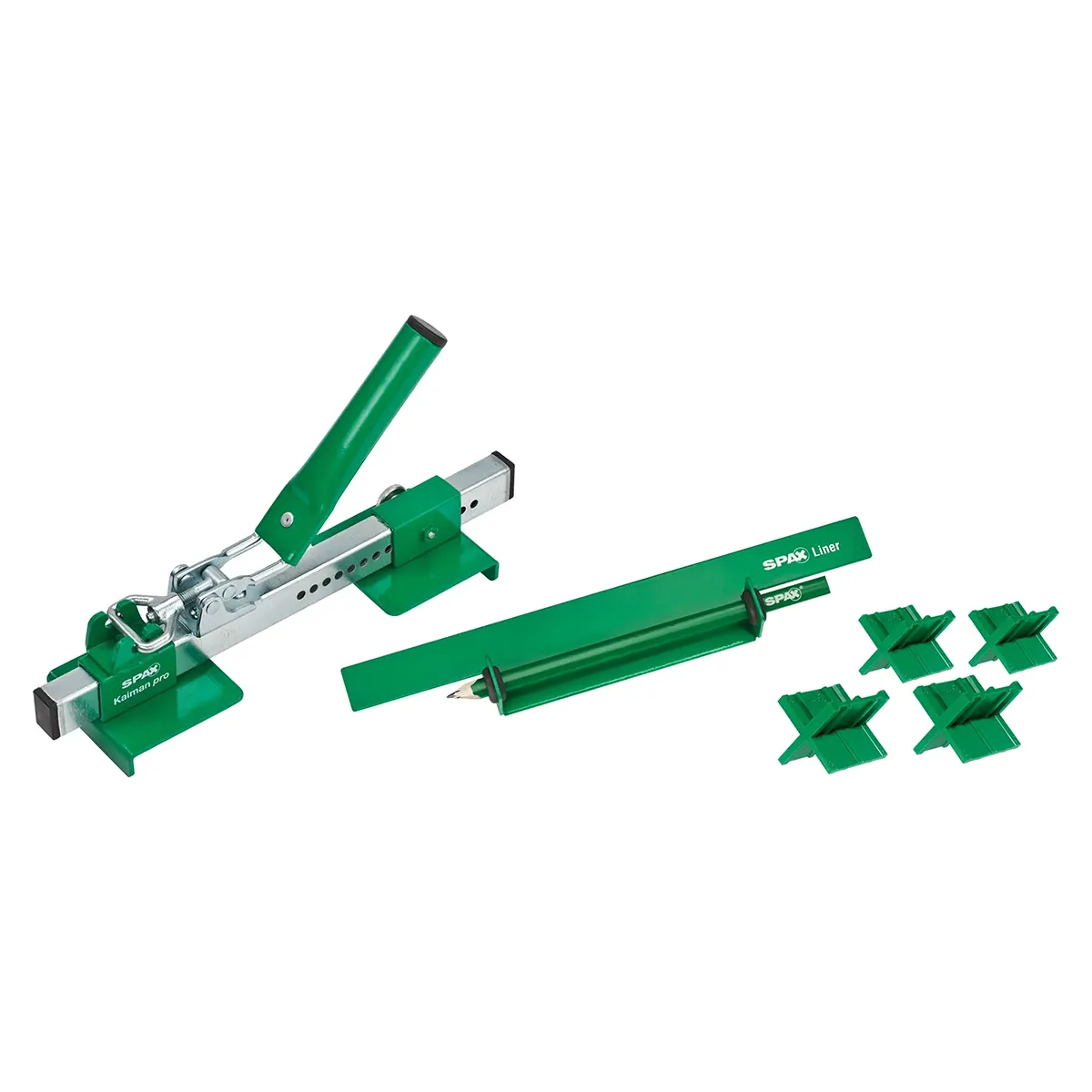 Grüner, heftklammerloser Tacker mit Griff, sechs grünen Heftklammern und einem grünen Stift mit Etui im Lineal-Design – perfekt für alle Ihre Organisationsaufgaben beim Verlegen von Terrassendielen oder wenn Sie Ihren SPAX Kaiman Pro Brettrichter – grün von SPAX griffbereit haben möchten.