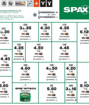 SPAX-Schrauben-Größentabelle mit Abmessungen, Stückzahlen und Artikelnummern sowie ein Bild des SPAX L-BOXX 102 A3J mit BITBOX-Sortimentskasten – grün – ideal zur Organisation Ihrer Universalschrauben-Sammlung von SPAX.