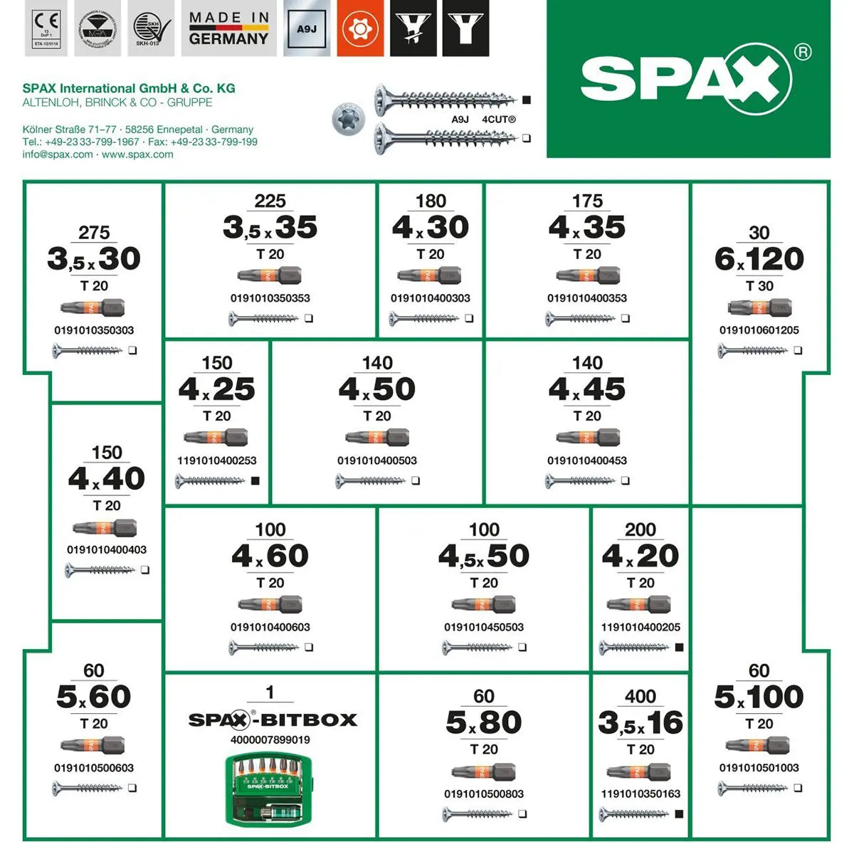 SPAX-Schrauben-Größentabelle mit Abmessungen, Stückzahlen und Artikelnummern sowie ein Bild des SPAX L-BOXX 102 A3J mit BITBOX-Sortimentskasten – grün – ideal zur Organisation Ihrer Universalschrauben-Sammlung von SPAX.
