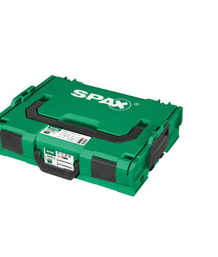 Der SPAX L-BOXX 102 A3J mit BITBOX-Sortimentskasten in Grün, ein Kunststoff-Werkzeugkasten der Marke SPAX, der zur Aufbewahrung von Universalschrauben konzipiert ist und in seiner Funktion den Standardmodellen der L-BOXX 102 entspricht, verfügt über einen schwarzen Griff und wird geschlossen aus einer schrägen Perspektive vor weißem Hintergrund gezeigt.