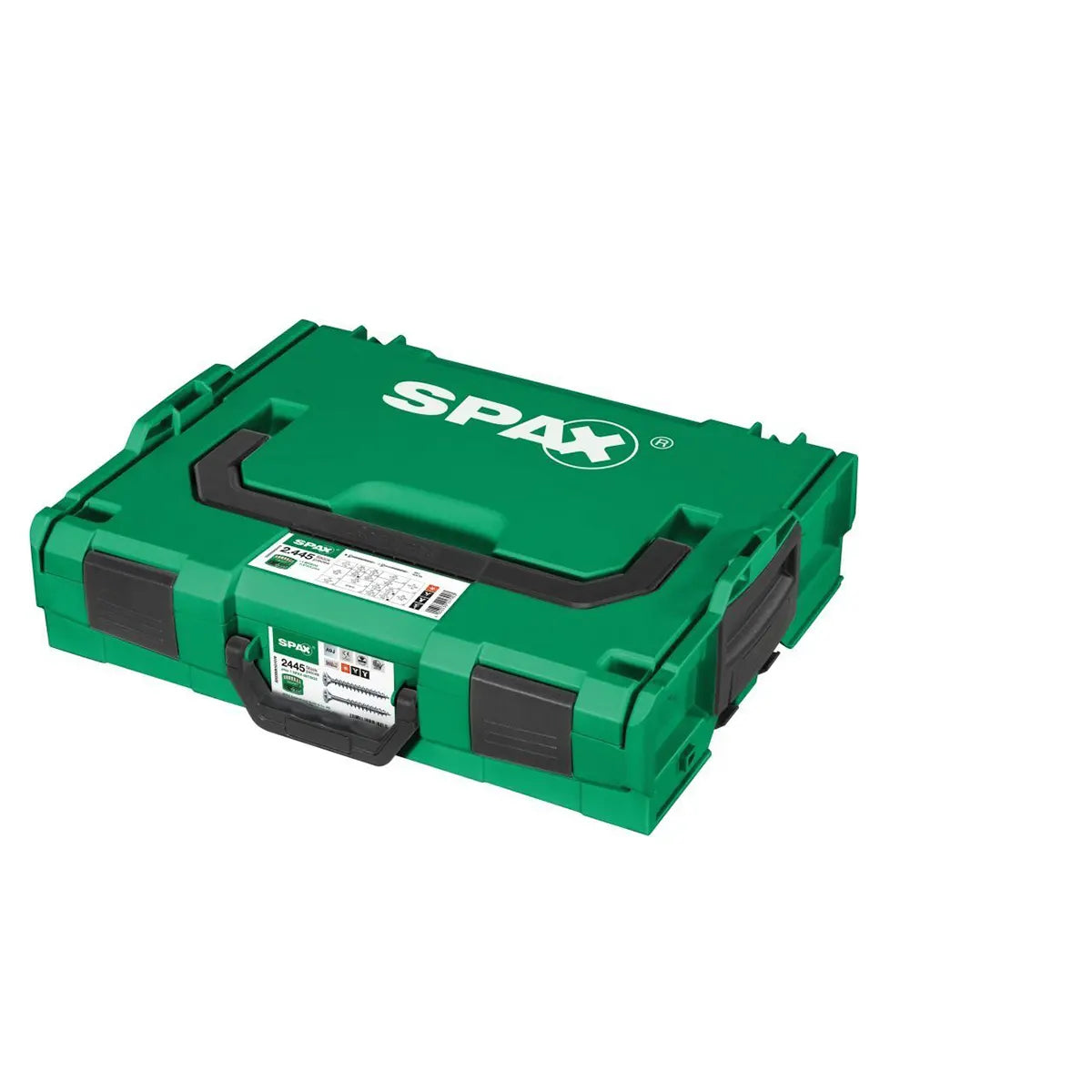 Der SPAX L-BOXX 102 A3J mit BITBOX-Sortimentskasten in Grün, ein Kunststoff-Werkzeugkasten der Marke SPAX, der zur Aufbewahrung von Universalschrauben konzipiert ist und in seiner Funktion den Standardmodellen der L-BOXX 102 entspricht, verfügt über einen schwarzen Griff und wird geschlossen aus einer schrägen Perspektive vor weißem Hintergrund gezeigt.
