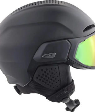 Der Alpina Alto QV Snowboardhelm in Grau (Größe:51) hat ein mattschwarzes Finish, ein grün getöntes Visier, seitliche Belüftung und einen gepolsterten Kinnriemen für Komfort und Schutz.