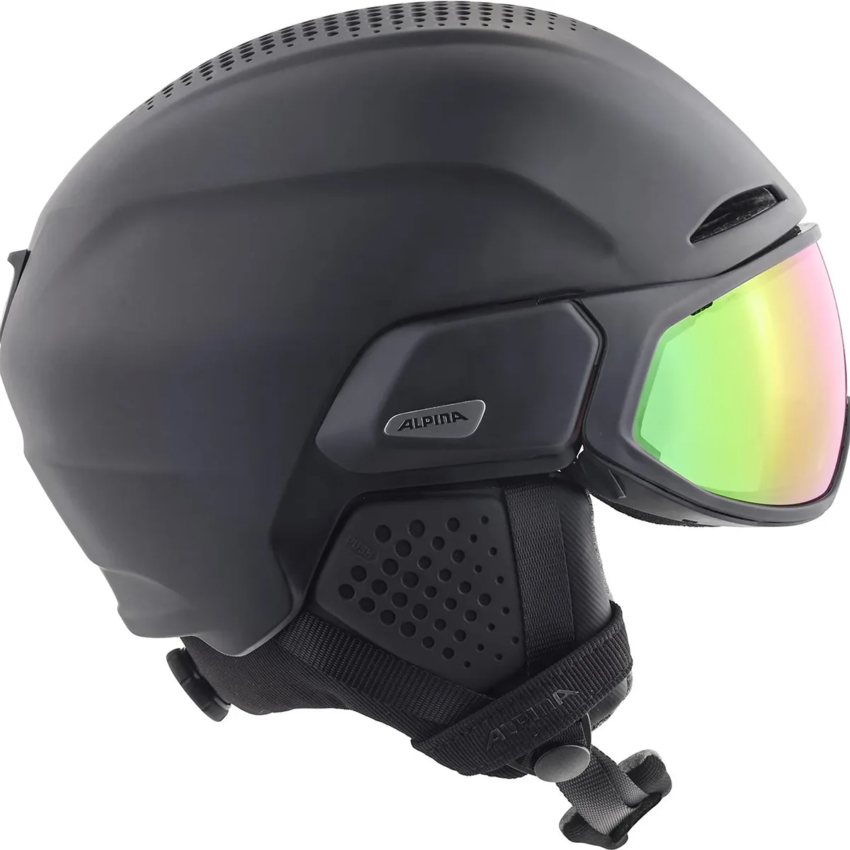 Der Alpina Alto QV Snowboardhelm in Grau (Größe:51) hat ein mattschwarzes Finish, ein grün getöntes Visier, seitliche Belüftung und einen gepolsterten Kinnriemen für Komfort und Schutz.