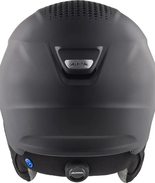 Der Alpina Alto QV Snowboardhelm in Größe 51, hier in Grau von hinten, verfügt über Belüftungslöcher, ein Dial-Fit-System und das Alpina-Logo - ideal als stylischer und schützender Helm für den Wintersport.