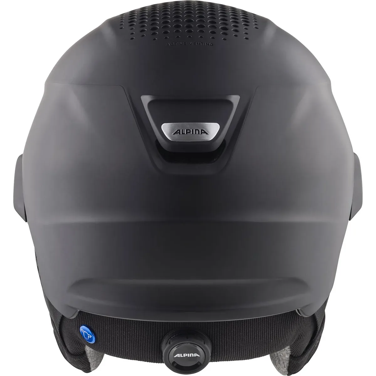 Der Alpina Alto QV Snowboardhelm in Größe 51, hier in Grau von hinten, verfügt über Belüftungslöcher, ein Dial-Fit-System und das Alpina-Logo - ideal als stylischer und schützender Helm für den Wintersport.
