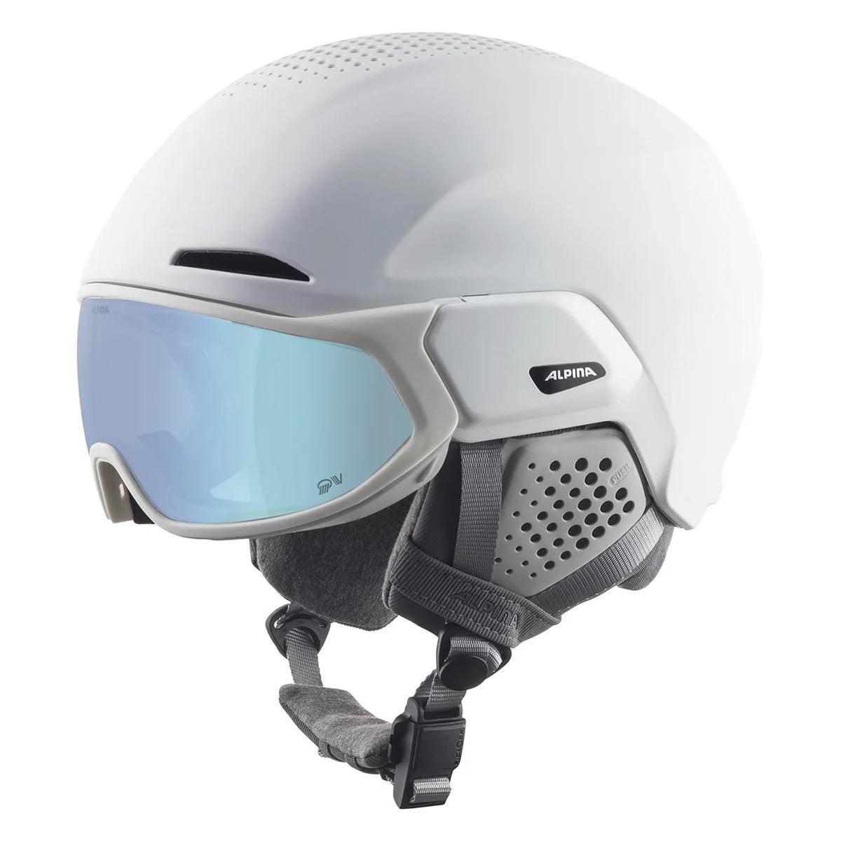 Der Alpina Alto QV Snowboardhelm in Weiß (Größe: 51) von Alpina verfügt über eine blau getönte, integrierte Brille und einen Kinnriemen, der auf einem schlichten Hintergrund abgebildet ist - ideal für stilvolle Wintersportler.