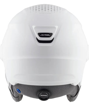 Der Alpina Alto QV Snowboardhelm in Weiß (Größe: 51) von Alpina verfügt über ein graues Innenfutter, eine Top-Belüftung und das Alpina-Logo auf der Rückseite - perfekt für einen stylischen Snowboard- oder Skihelm.