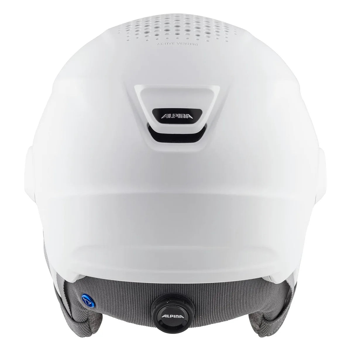 Der Alpina Alto QV Snowboardhelm in Weiß (Größe: 51) von Alpina verfügt über ein graues Innenfutter, eine Top-Belüftung und das Alpina-Logo auf der Rückseite - perfekt für einen stylischen Snowboard- oder Skihelm.