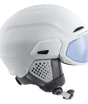 Alpina Alto QV Snowboardhelm in Weiß mit blauem Visier, grauem Kinnriemen und Belüftungslöchern, seitliche Ansicht. Perfekt für Skifahren und Snowboarden. Größe: 51. Marke: Alpina.