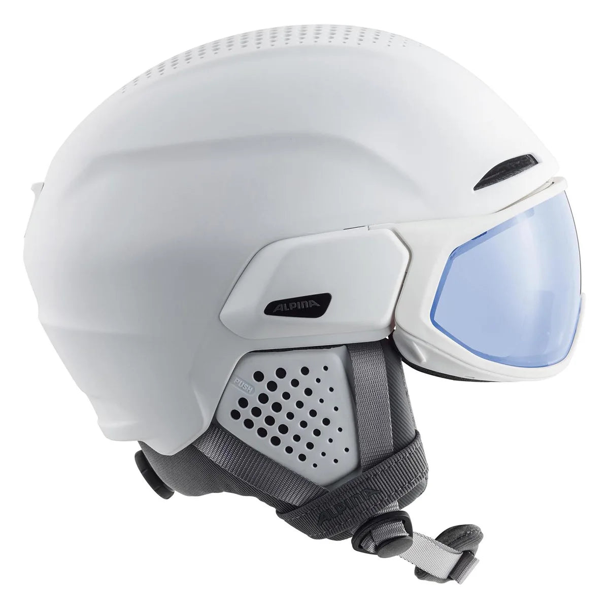 Alpina Alto QV Snowboardhelm in Weiß mit blauem Visier, grauem Kinnriemen und Belüftungslöchern, seitliche Ansicht. Perfekt für Skifahren und Snowboarden. Größe: 51. Marke: Alpina.