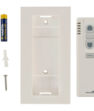 Fernbedienungsset mit dem Schellenberg 1-Kanal-Funk-Handsender – weiß von Schellenberg, inklusive Wandhalterung, Schrauben, Dübeln und zwei AA-Batterien, alles vor weißem Hintergrund präsentiert.
