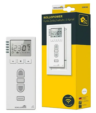 Die Schellenberg PREMIUM 20032 Funk-Zeitschaltuhr – weiß ist neben ihrer gelb-schwarzen Verpackung abgebildet und zeigt die Uhrzeit 23:07 an – ideal für die bequeme und zuverlässige Steuerung Ihrer Rollläden.