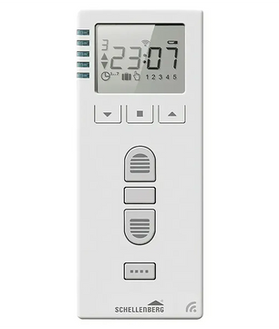 Weiße Schellenberg PREMIUM 20032 Funk-Zeitschaltuhr mit einer Anzeige von 23:07 auf dem LCD-Display sowie Tasten für „Auf“, „Ab“, „Stopp“ und „Programmieren“ – ideal als Fernbedienung (Funk-Handsender) für Rollladen-Zeitschaltuhren.