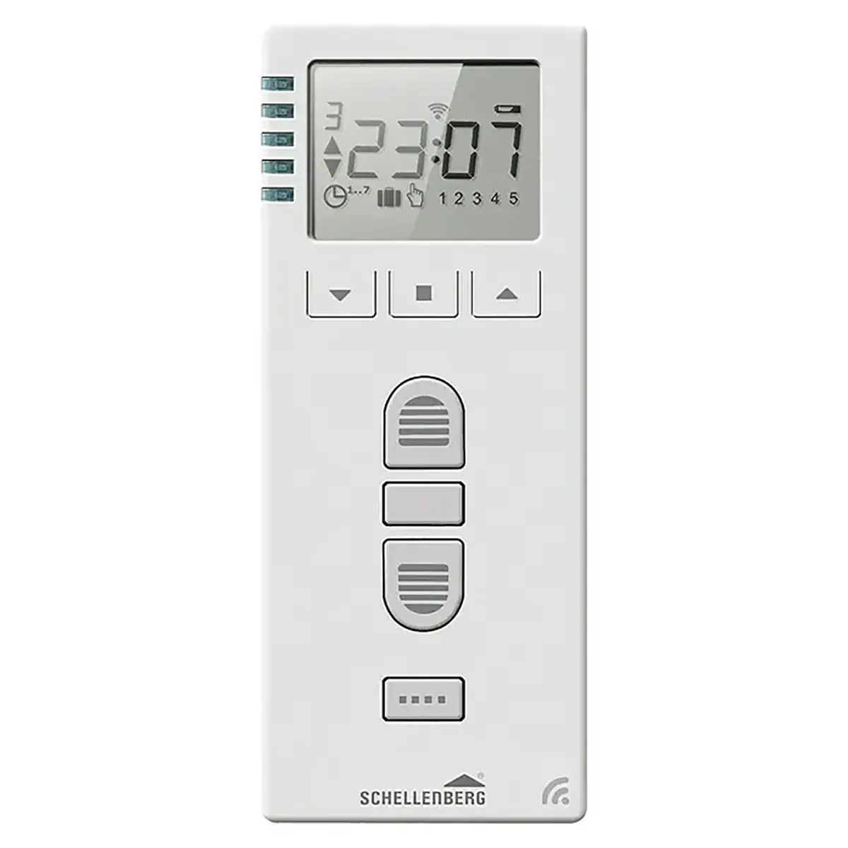 Weiße Schellenberg PREMIUM 20032 Funk-Zeitschaltuhr mit einer Anzeige von 23:07 auf dem LCD-Display sowie Tasten für „Auf“, „Ab“, „Stopp“ und „Programmieren“ – ideal als Fernbedienung (Funk-Handsender) für Rollladen-Zeitschaltuhren.