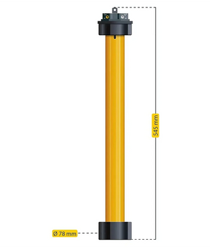 Der Schellenberg Standard 40 - 40 Nm Markisenmotor ist ein gelber Zylinder mit schwarzen Enden, 545 mm hoch und 78 mm im Durchmesser, geeignet für Markisenanwendungen. Das Produkt ist vor einem weißen Hintergrund abgebildet.