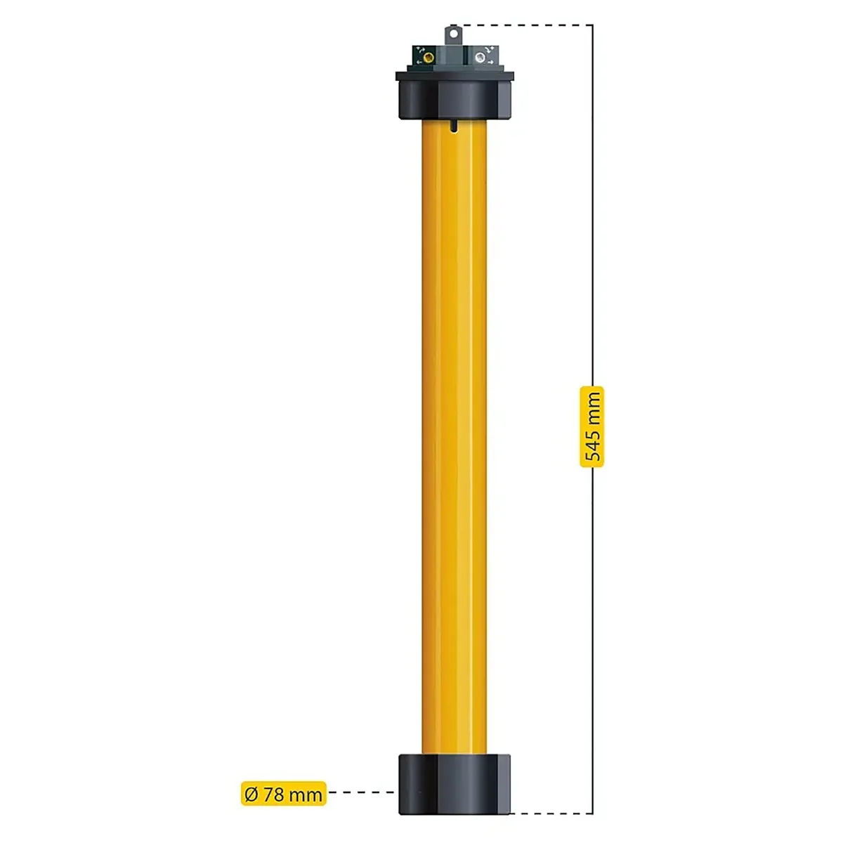 Der Schellenberg Standard 40 - 40 Nm Markisenmotor ist ein gelber Zylinder mit schwarzen Enden, 545 mm hoch und 78 mm im Durchmesser, geeignet für Markisenanwendungen. Das Produkt ist vor einem weißen Hintergrund abgebildet.